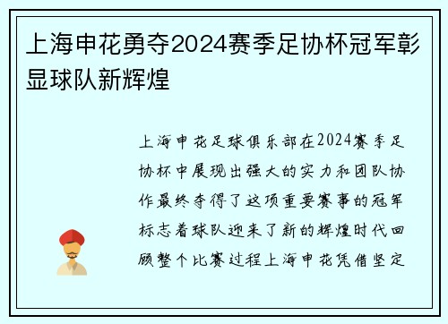 上海申花勇夺2024赛季足协杯冠军彰显球队新辉煌